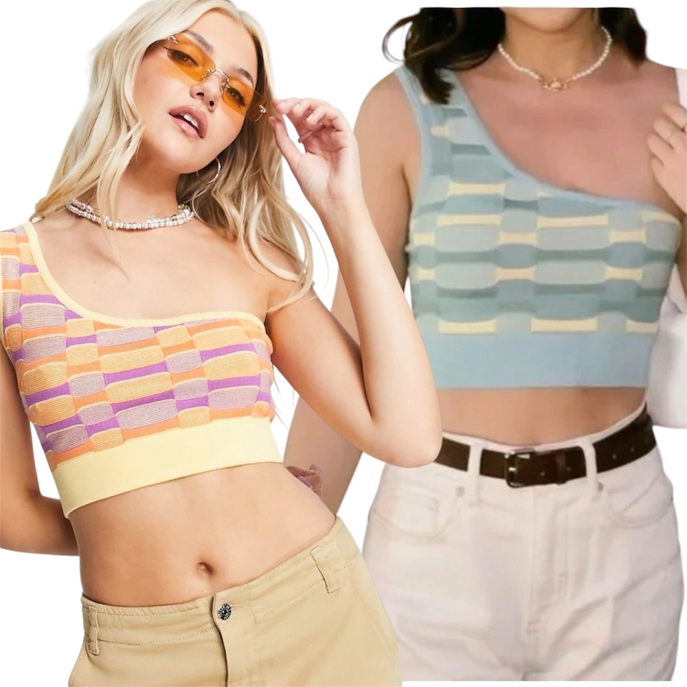 Cotton On X Asos One Shoulder Crop Tops S Bundle of 2 Green Orange Eclectic